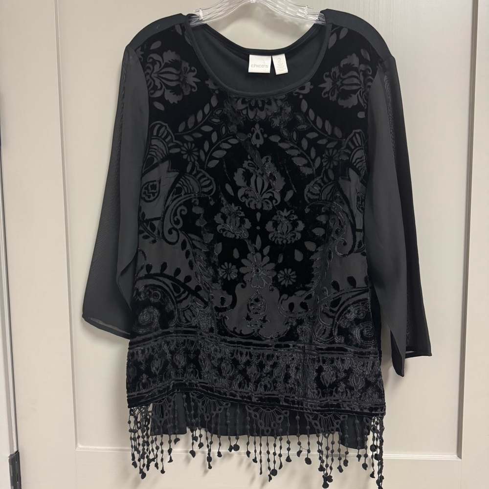 Chico's Black Burnout Velvet Top Fringe Goth Witchy Festival Size 2 / Large‎